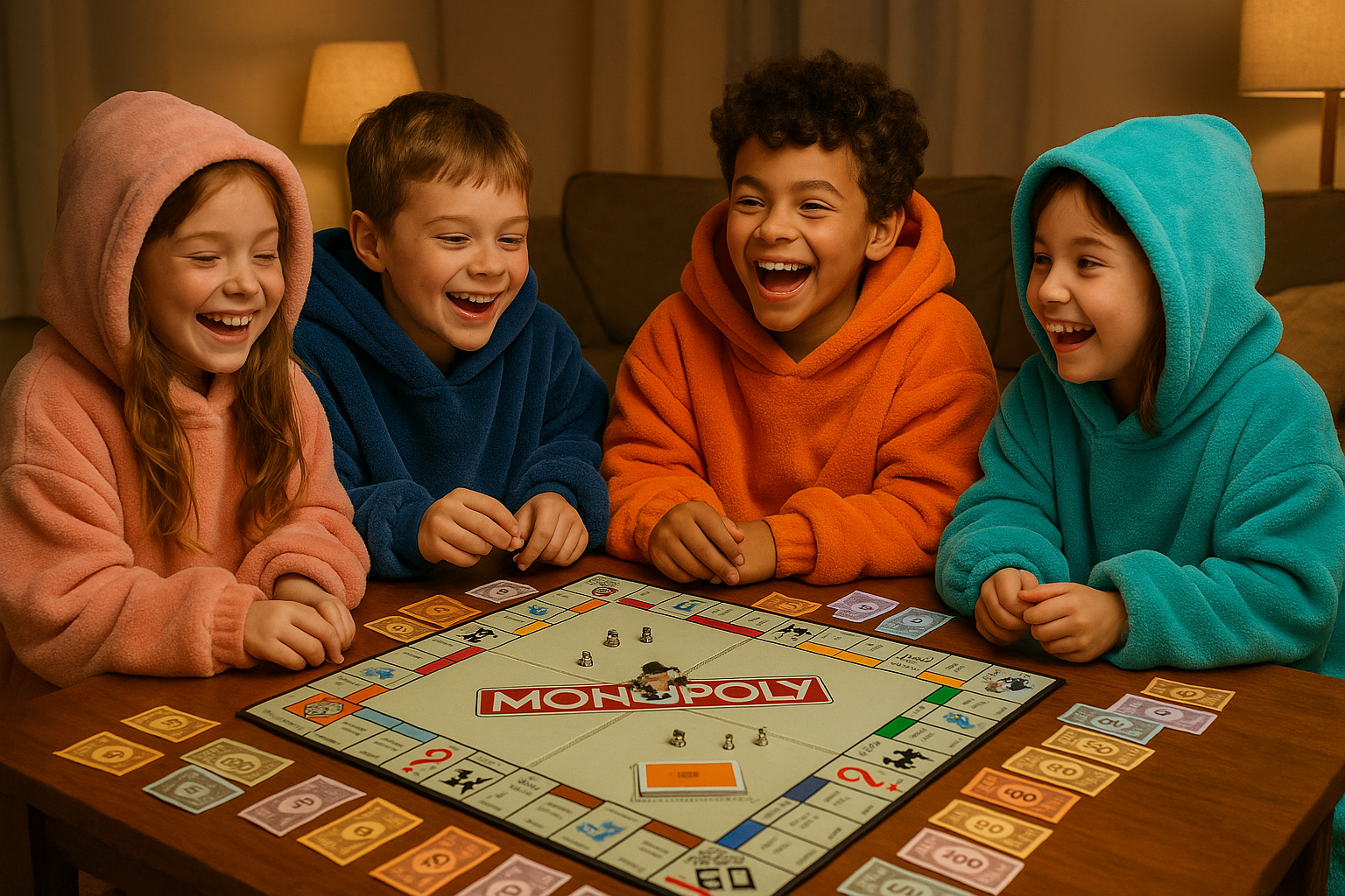 kids wearing hoodie blankets playing monopoly